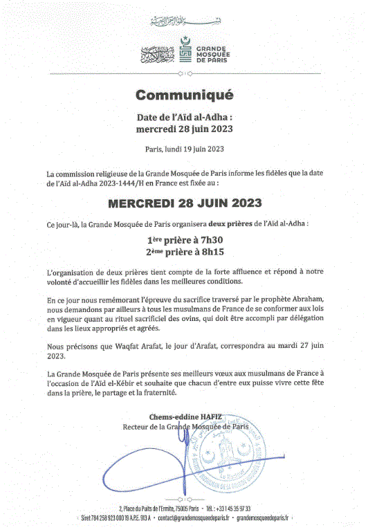 France : La Tabaski célébrée le mercredi 28 juin (Document)