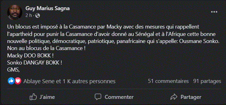 Casamance : Guy Marius Sagna dénonce le "blocus imposé" par Macky