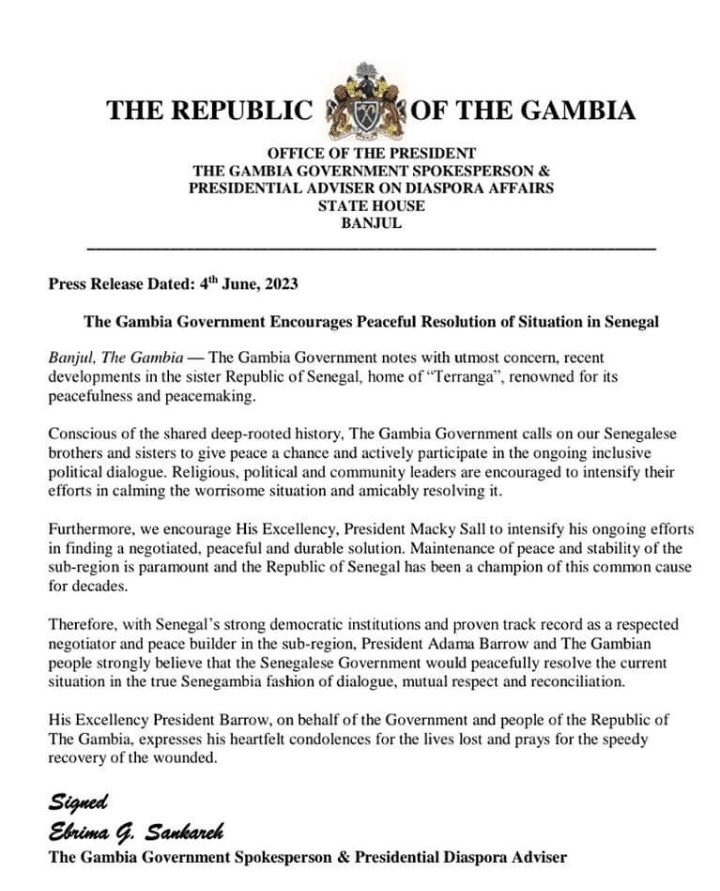 Sénégal : La Gambie appelle à une résolution pacifique de la crise par le dialogue