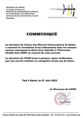 Le Coud dément les rumeurs d'un décès à l'UCAD
