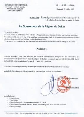 Les motos vont reprendre service le mardi 01 août à 00h ( gouverneur )