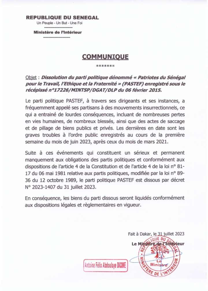 Urgent : Le parti Pastef dissout