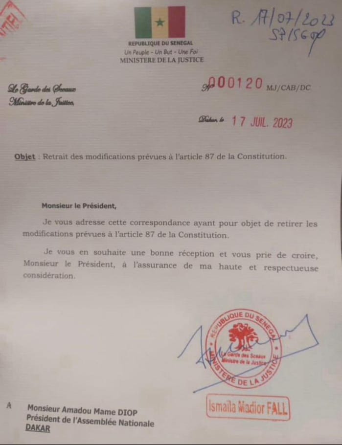 Article 87 de la Constitution : La note de retrait de Ismaila Madior à Amadou Mame Diop (Document)