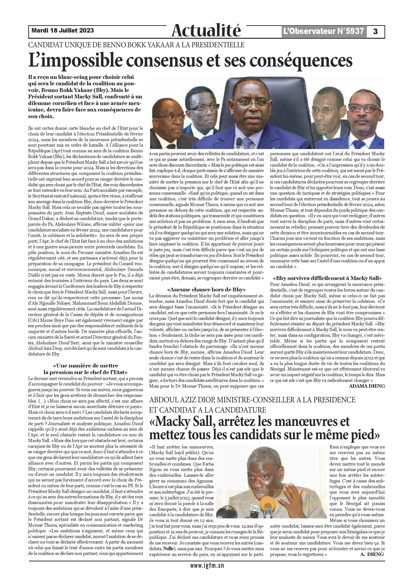 L’OBS : Benno, l'impossible consensus (les analyses du journaliste Amadou Diouf & du Dr Momar Thiam)