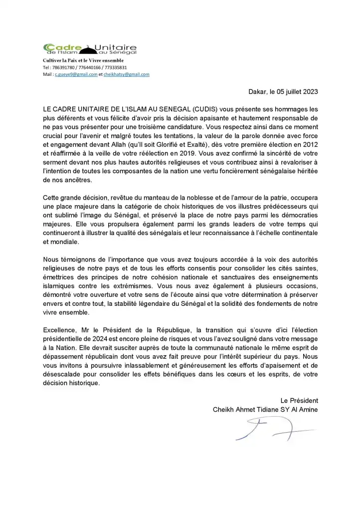 Renonciation à un 3e mandat : Le CUDIS félicite le Chef de l'Etat Macky Sall