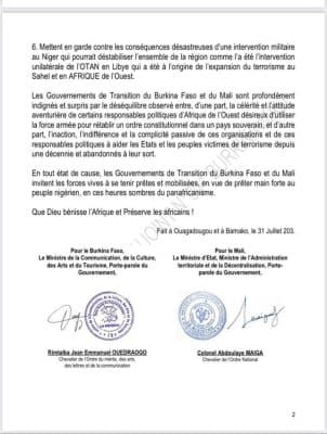 Urgent : Le Mali et le Burkina entreront en guerre si la Cedeao attaque le Niger (Communiqué)