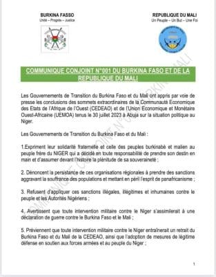 Urgent : Le Mali et le Burkina entreront en guerre si la Cedeao attaque le Niger (Communiqué)