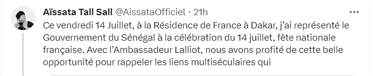 France : Aïssata Tall Sall a représenté le Gouvernement à la fête nationale française