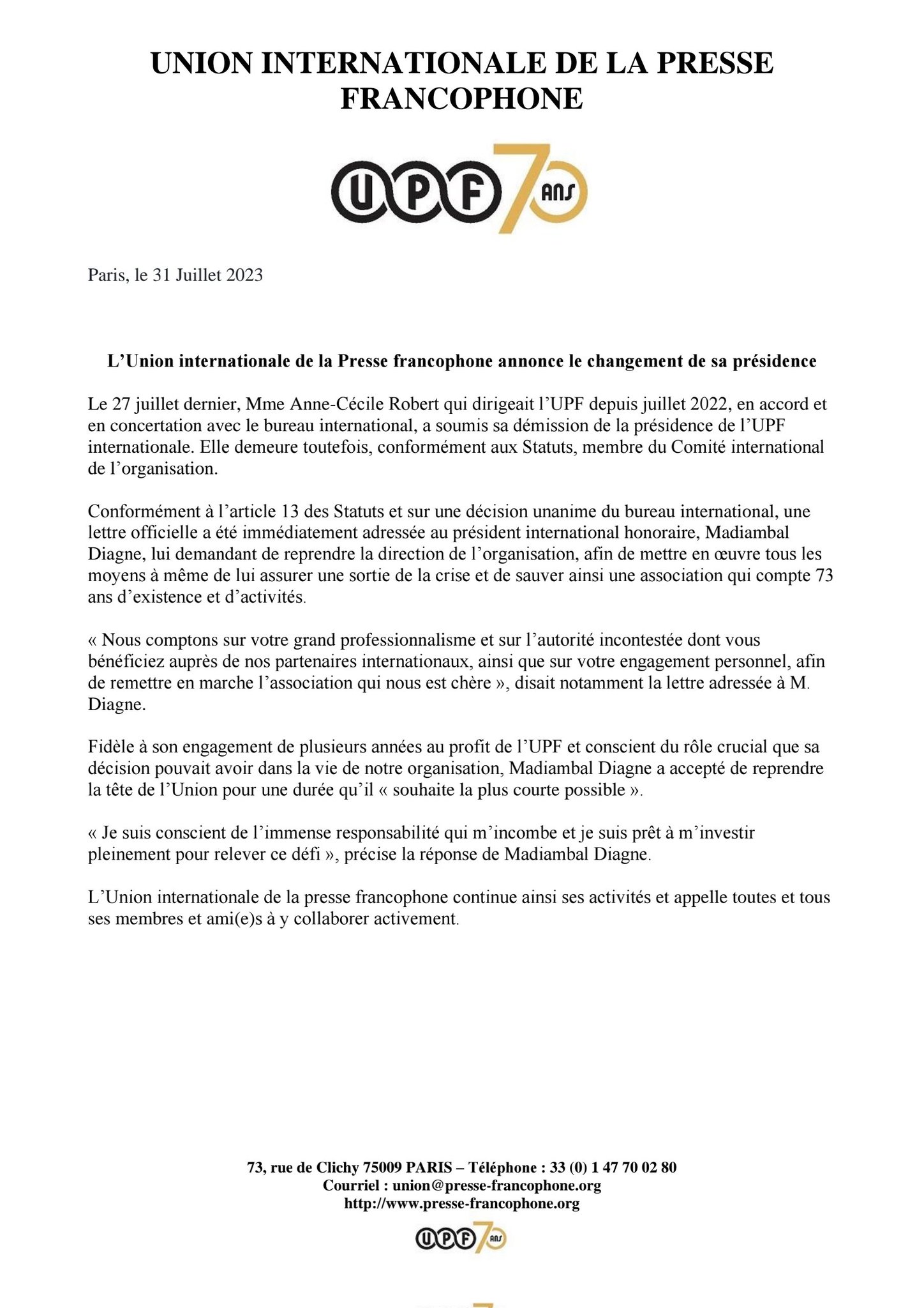 Union internationale de la Presse Francophone : Madiambal reprend la tête de l'Organisation