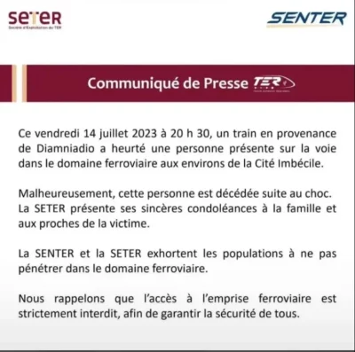 Homme de 40 ans heurté par le TER : La SETER présente ses condoléances et sensibilise(Communiqué)