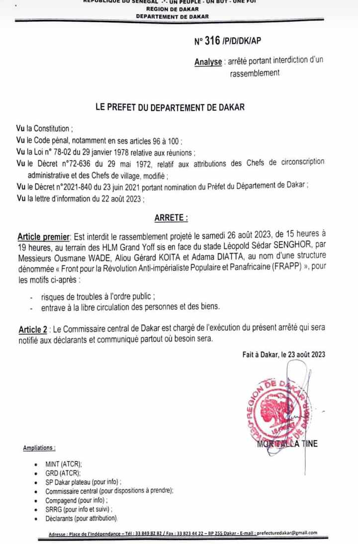 Urgent : Le préfet Mor Talla Tine interdit le rassemblement du Frapp