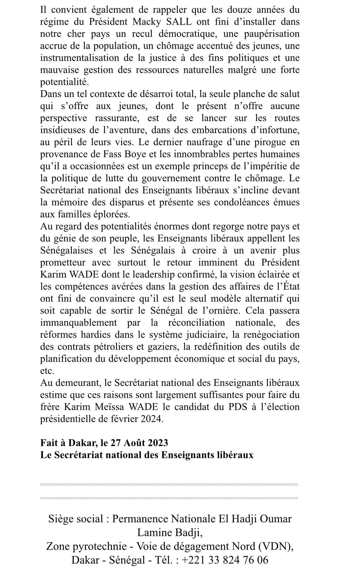 Sorties contres Karim Wade: les enseignants libéraux montent au créneau