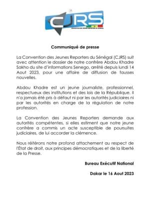 Affaire du journaliste de Senego : La CJRS plaide pour sa libération