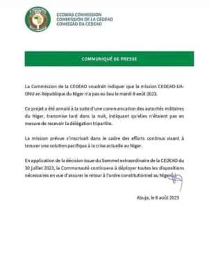 La mission CEDEAO-UA-ONU au Niger n'a pas eu lieu, mardi