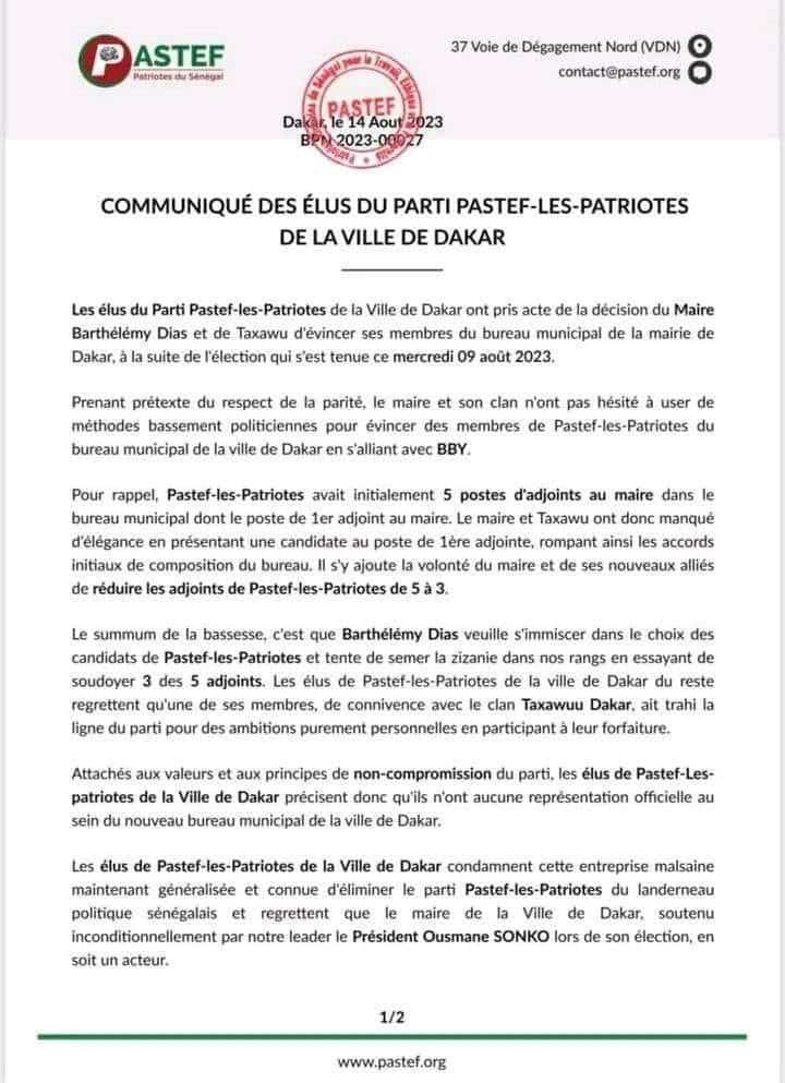 Evincés de la Ville de Dakar : Les élus du parti Pastef disent prendre acte de la décision