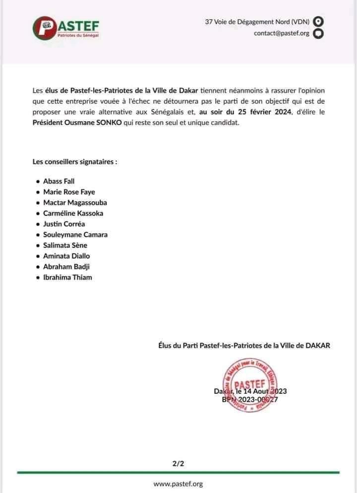 Evincés de la Ville de Dakar : Les élus du parti Pastef disent prendre acte de la décision