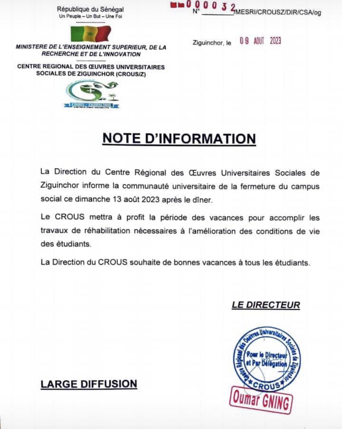 Le Campus social de l’Université Assane Seck de Ziguinchor va fermers