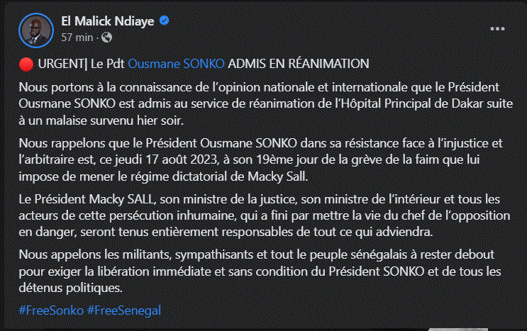 Urgent - Grève de la faim : "Sonko admis en réanimation", (Responsable)