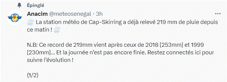 Cap-Skirring : La station météo a relevé 219 mm de pluie, un record après celui de 2018