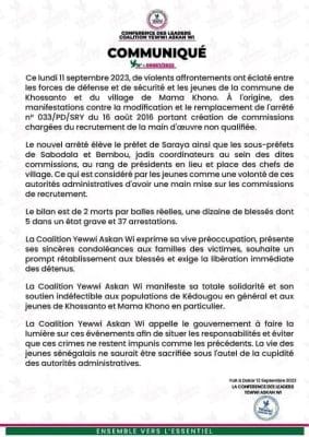 Affrontements à Khossanto : Yewwi exige l'état à faire la lumière sur ces événements