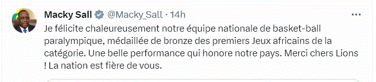 Jeux africains paralympiques : Macky Sall félicite l'équipe nationale du parabasket, médaillée de bronze