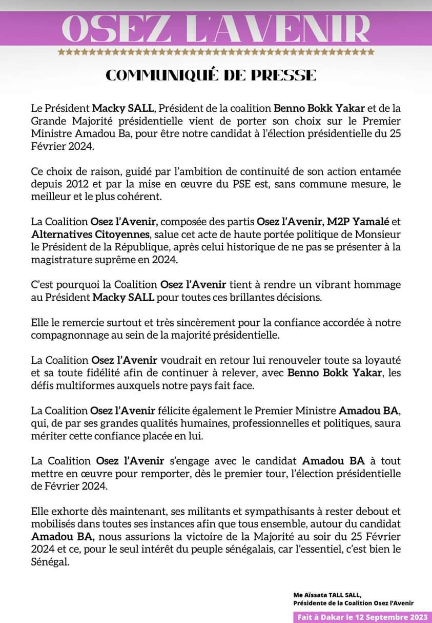 (Document) Aissata Tall Sall & sa coalition soutiennent Amadou Ba