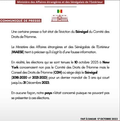 « Eviction du Sénégal du Comité des Droits de l'Homme » : Le Ministère des Affaires étrangères dément (communiqué)