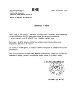 Profanation de tombes: après l'exhumation d'un corps à Kaolack le procureur monte au créneau