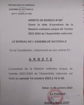 Assemblée nationale: Les députés reprendront service le 14 octobre 2023