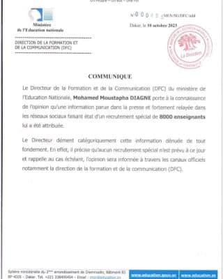 Recrutement de 8000 enseignants: le ministère de l'Education Nationale dément