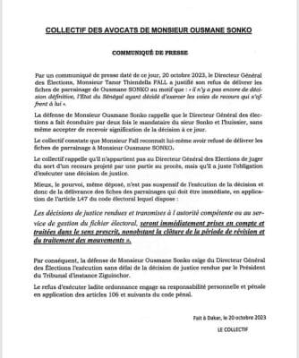 Communiqué des avocats de Sonko: les robes noires dénoncent l'inaction de la DGE