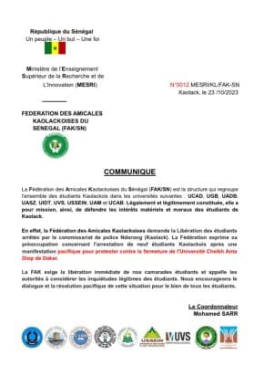Incident à l'UCAD: La FAK interpelle les autorités pour la liberation de leurs etudiants