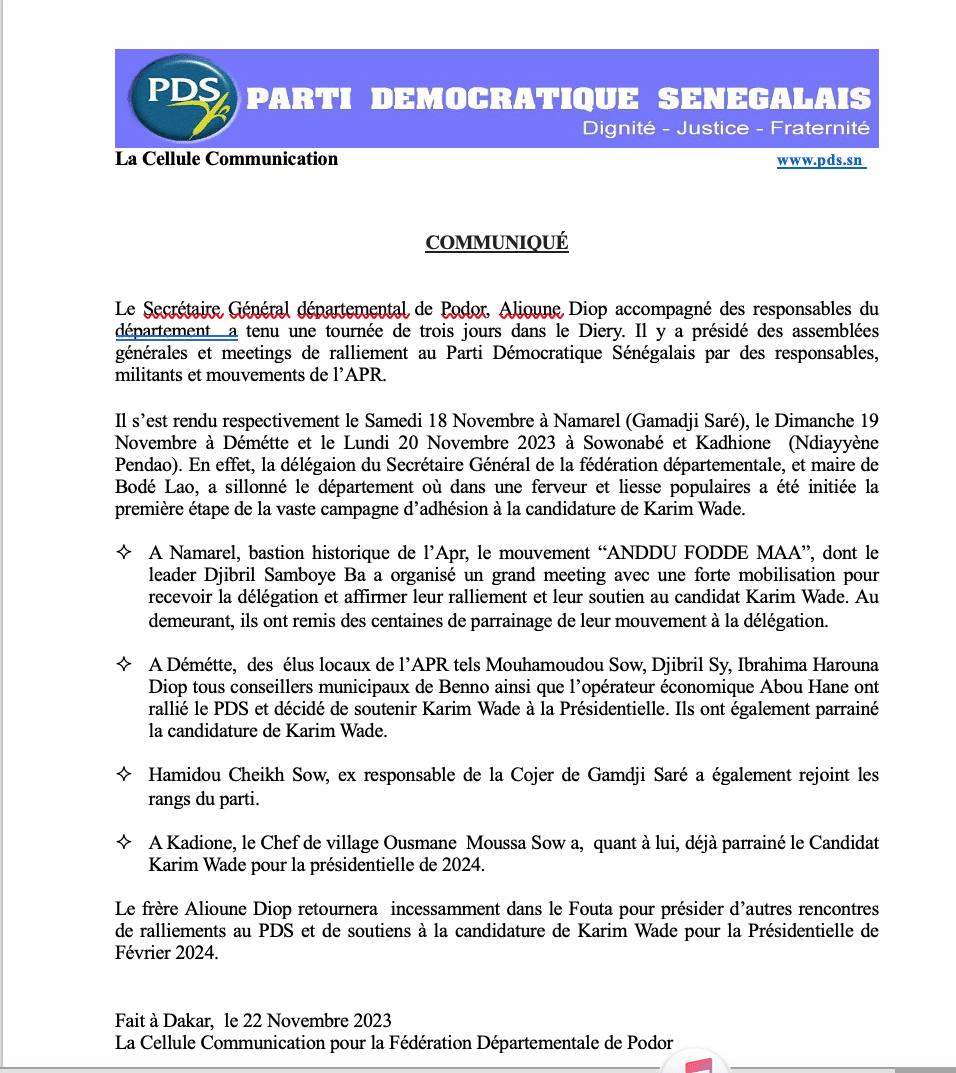 Fouta: des responsables de l'APR rejoignent le PDS à quelques mois des élections