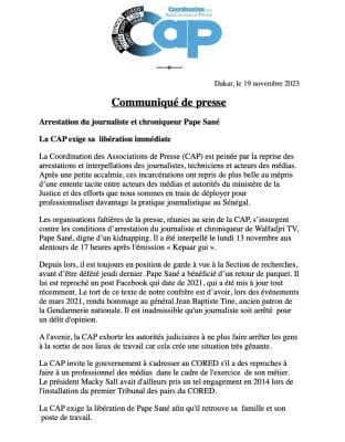 Arrestation du journaliste et chroniqueur Pape Sané : La CAP exige sa libération immédiate