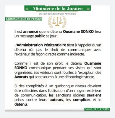 Le ministere de la justice avertit Sonko: "Un detenu n'a le droit de communiquer ..."
