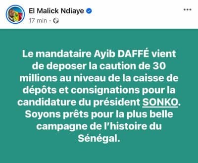 Caisse de dépôt et de Consignation: Ayib Daffé a déposé la caution de 30 millions de Sonko