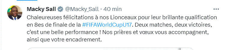 Mondial U17 : Macky Sall félicite les Lionceaux pour leur "brillante" qualification en 8es de finale