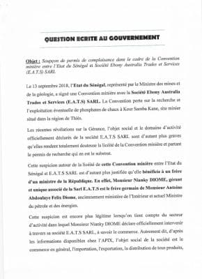 Direct assemblée: Guy Marius Sagna demande des explications sur l'attribution d'un permis de recherche de phosphate au frère d'Antoine Diome