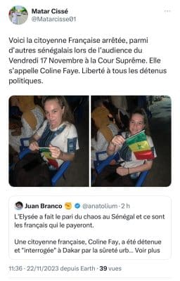"Caroline Faye une citoyenne française a été arrêtée à Dakar" (Juan Branco)