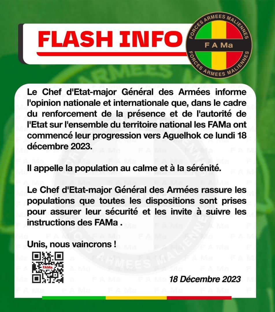 Forces Armées Maliennes : Le CEMGA annonce la progression de ses troupes vers Aguelhok