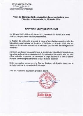 Décret portant convocation du corps électoral pour l'élection présidentielle du 25 février 2024 (Documents)