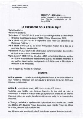 Décret portant convocation du corps électoral pour l'élection présidentielle du 25 février 2024 (Documents)