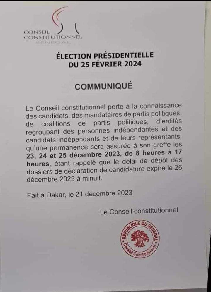Presidentielle 2024: le conseil constitutionnel ouvre ses portes les 23,24 et 25 décembre prochain