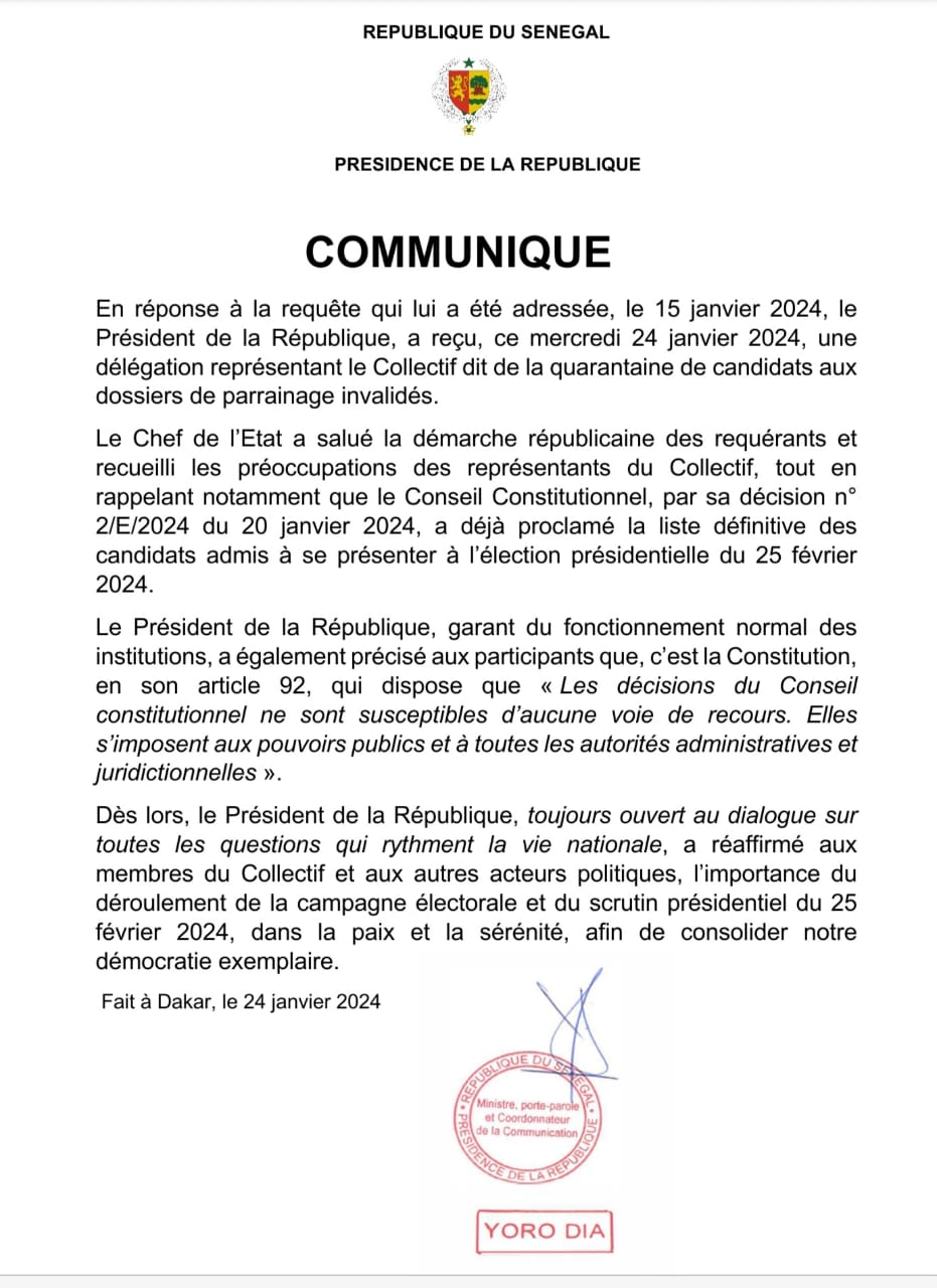 Doléances du collectif des 44 recalés : La réponse sans détour du chef de l'Etat