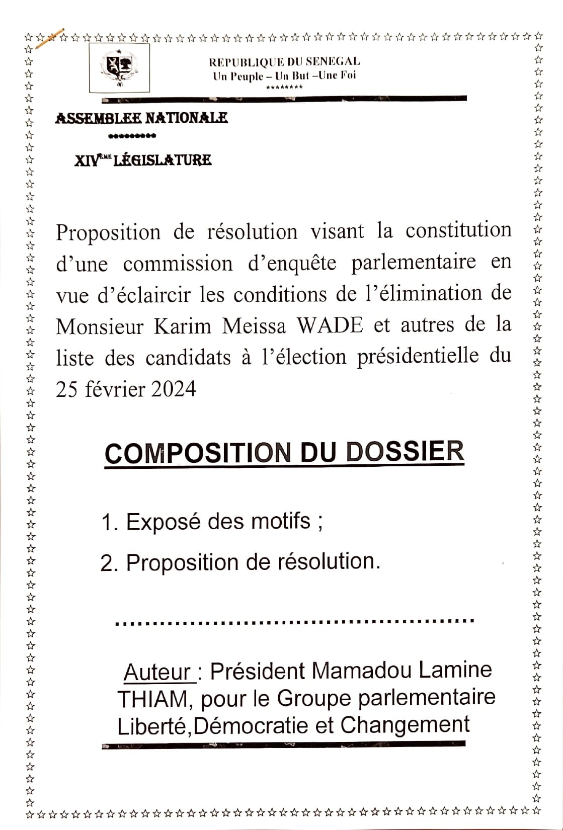 Affaire Karim Wade : Proposition de résolution pour la mise en place d'une commission d'enquête parlementaire à l'Assemblée