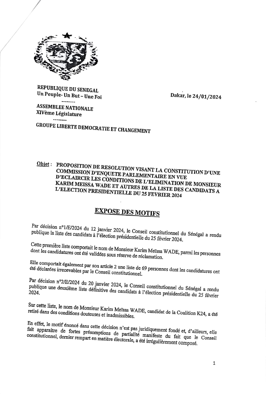 Affaire Karim Wade : Proposition de résolution pour la mise en place d'une commission d'enquête parlementaire à l'Assemblée