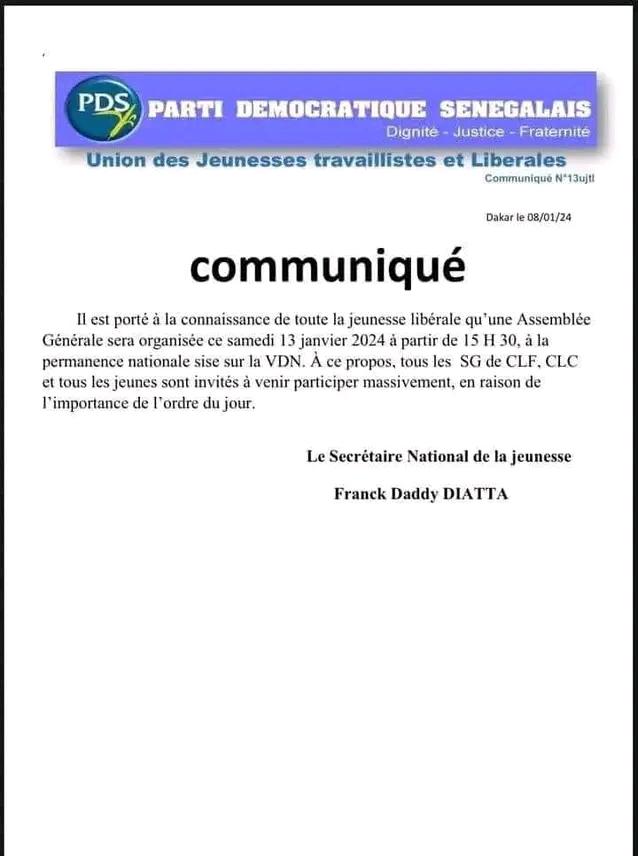 Communiqué: le PDS remobilise sa jeunesse ce samedi