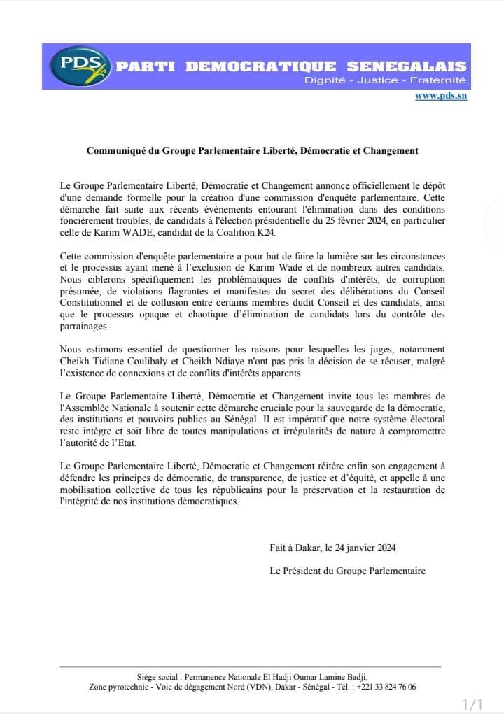 Enquête parlementaire demandée dans l'affaire Karim Wade :les députés du Pds ont joint l'acte à la parole en déposant leur resolution