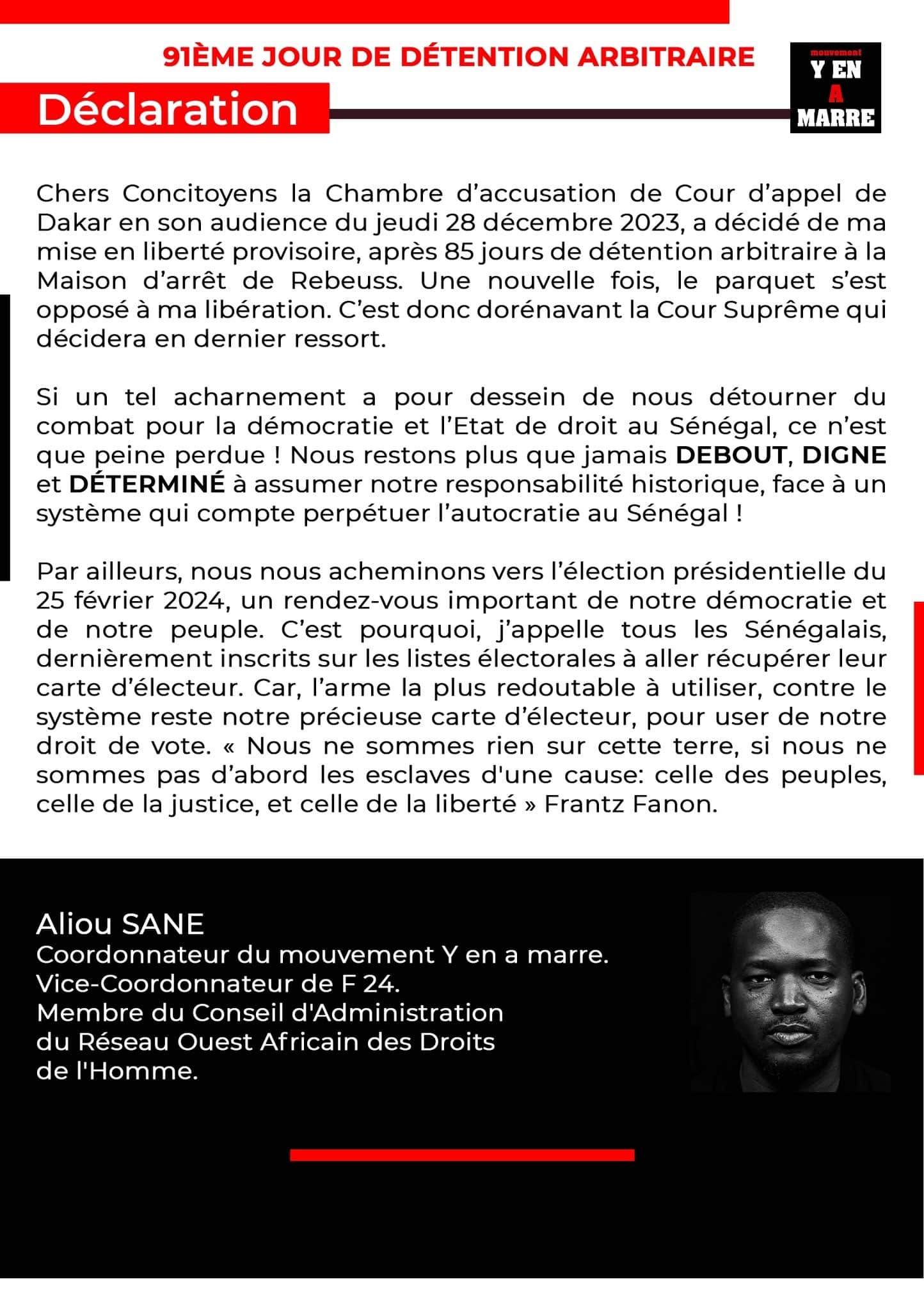 Sa liberté provisoire de nouveau rejetée: Aliou Sané de "Y'en à Marre" s'adresse au peuple