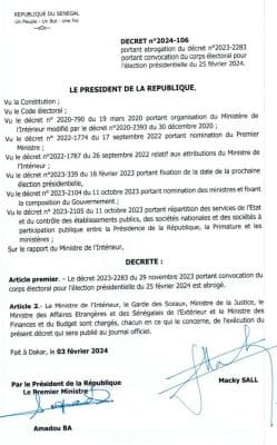 Le décret abrogeant la convocation du corps électoral rendu public (Documents)